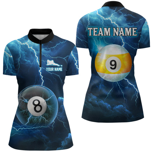 Blue Thunder 8 & 9 Ball Billiards Shirt Women Team Polo & 1/4 Zip Shirts Billiard Jersey NNT17