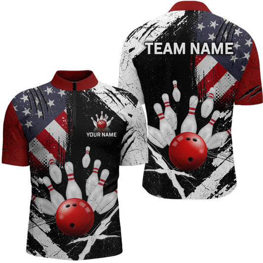 Custom US Flag Bowling Shirts for Men Polo & Quarter-Zip Bowling Team Bowling League HNT83