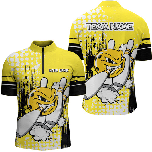 Personalized Yellow Funny Crazy Bowling Shirt for Men Polo & Quarter-Zip Bowling Jersey with Team HNT03