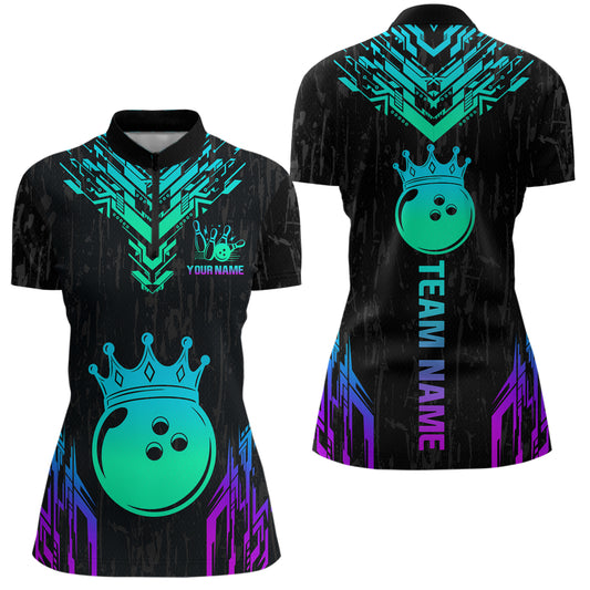 Custom Black Neon Crown Bowling Jersey for Women Polo & 1/4 Zip Bowling Team Shirts HNT123