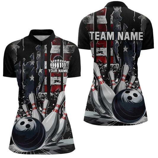 Custom Cracked US Flag Bowling Women Bowling Shirt Polo & Quarter-Zip Bowling Team Jerseys HNT86