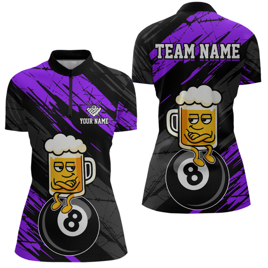 Custom Purple Funny Beer 8 Ball Billiard Shirts for Men Billiard Team Shirts Polo & 1/4 Zip NNT78
