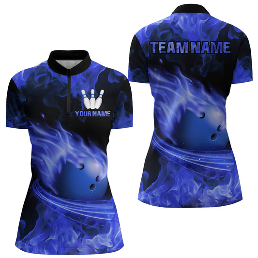 Custom Blue Flame Bowling Jersey For Men Bowling Shirt Team Bowling Quarter-Zip Shirt CP08