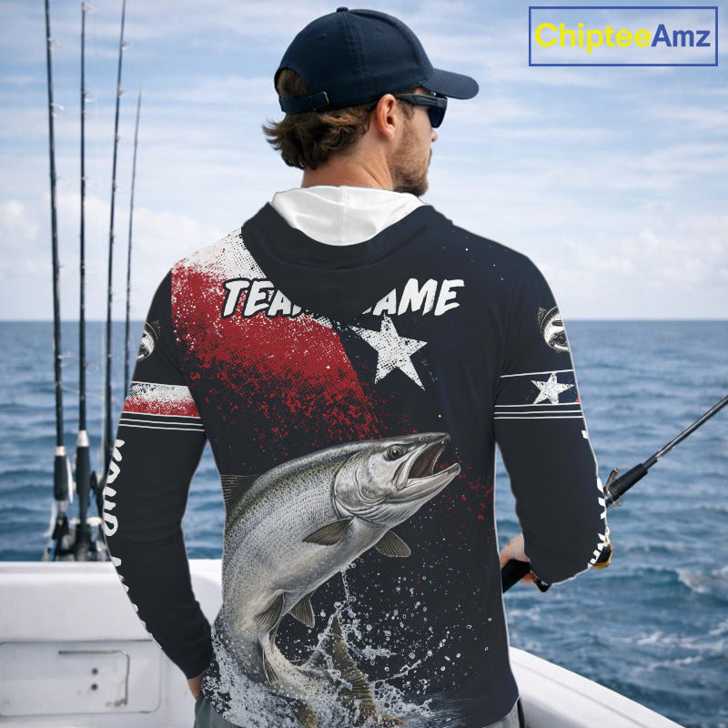 Custom Vintage Chinook Salmon Long Sleeve Hooded Patriotic Fishing Shirt For Men, Salmon Texas Flag Fishing Shirt NHT765