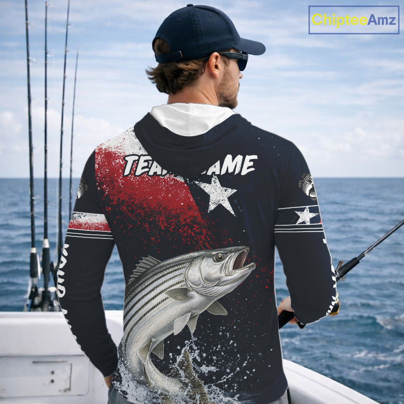 Custom Vintage Striped Bass Long Sleeve Hooded Patriotic Fishing Shirt For Men, Bass Texas Flag Fishing Shirt NHT768