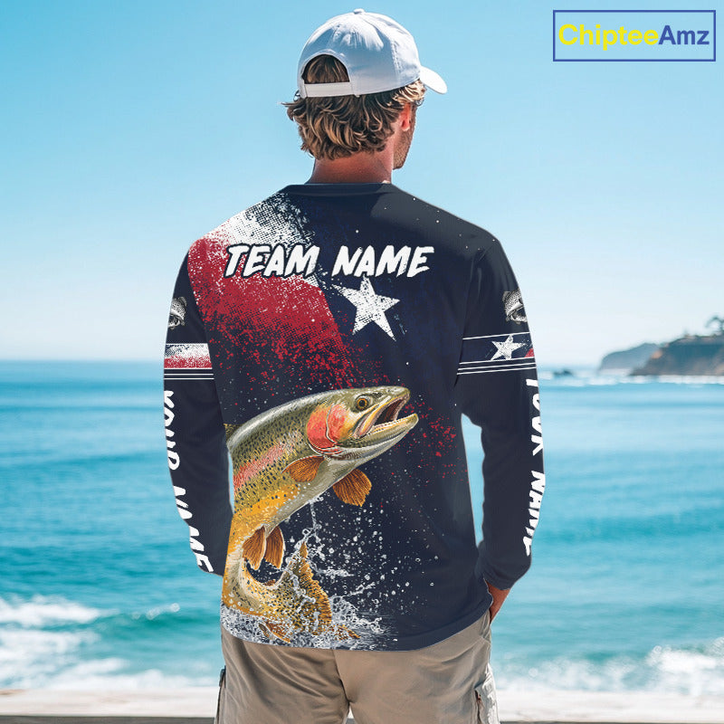 Custom Vintage Rainbow Trout Long Sleeve Patriotic Fishing Shirt For Men, Trout Texas Flag Fishing Shirt NHT766
