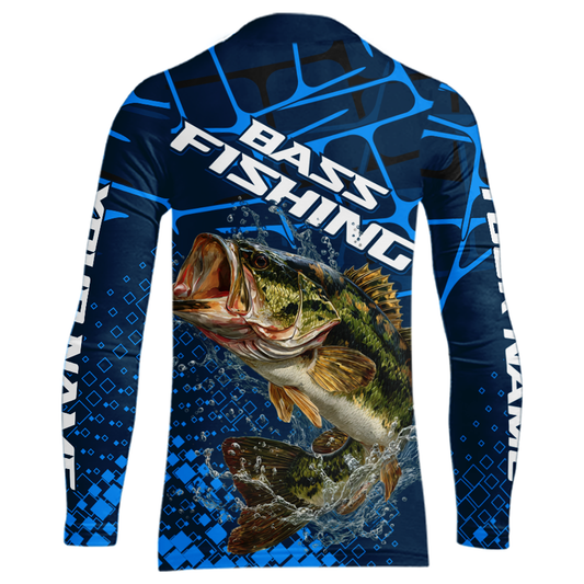 Largemouth Bass Fishing, Kid Fishing Shirts Long Sleeve, Fishing Gift | Blue NHT385