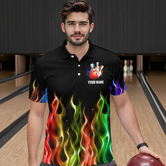 Rainbow Flame Bowling Jersey For Men Personalized Bowling Team Shirts Bowling Polo Shirt BDT324