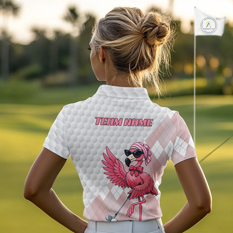 Pink Flamingo Golf Shirt For Women, Funny Argyle Patten Golf Polo Shirt, Ladies Golf Outfit For Team NHT731