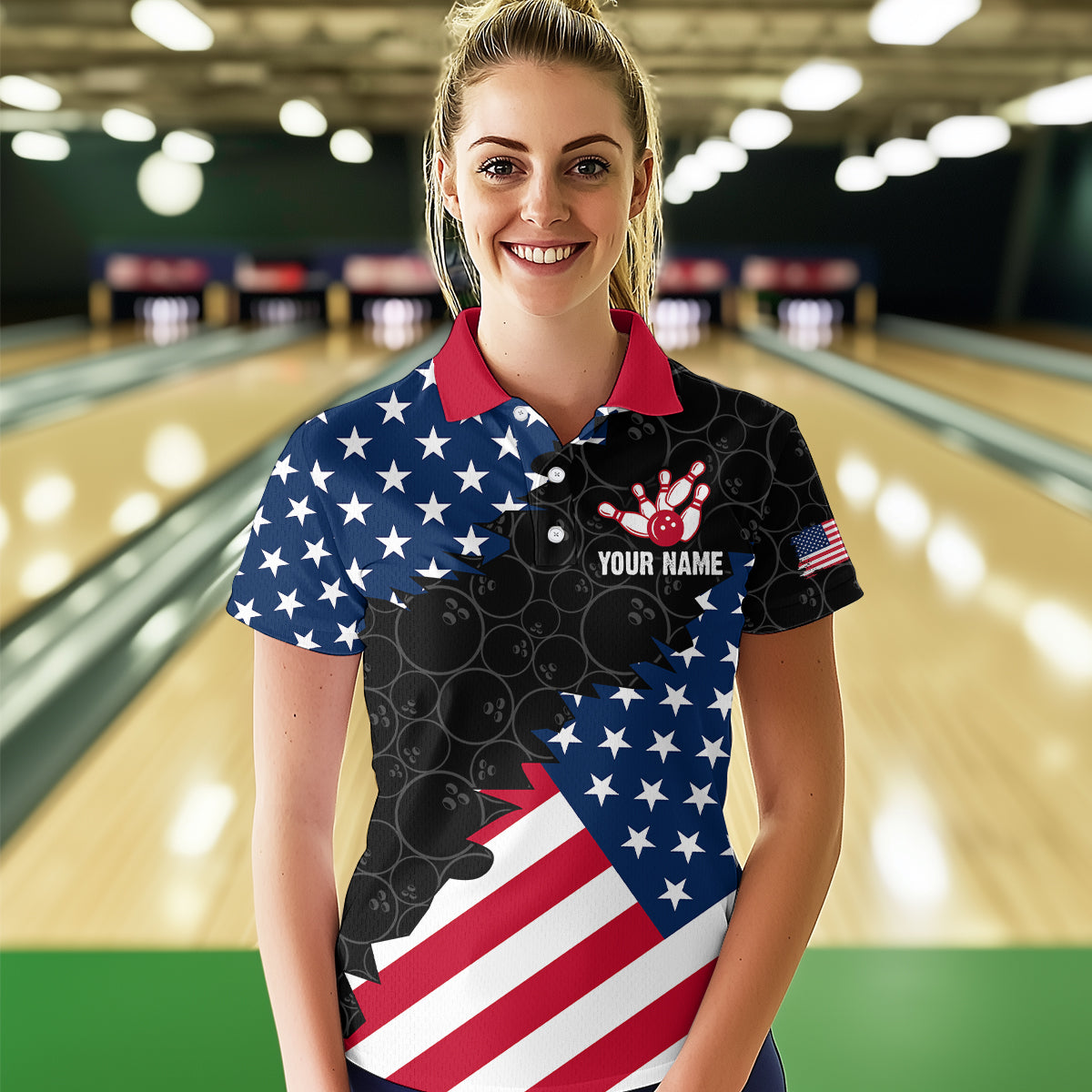 Personalized Patriotic Cat Bowling Shirt Polo American Bowling Jersey for Men Women QZT673