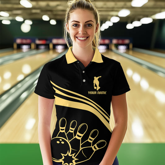 Black&Gold Bowling Polo Shirt For Women Custom Bowling Jersey Vintage Bowling Team League Shirt BDT115