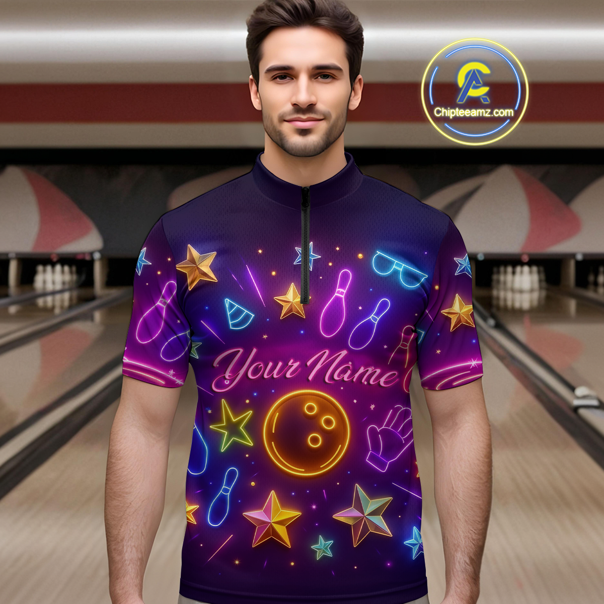 Custom Neon Bowling Shirt Polo & Quarter-Zip Shirts for Men Gift Bowling Jersey League QZT744