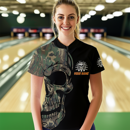 Camo Bowling Shirt Custom Skull Bowling Jersey Women Bowling Quarter-Zip Shirt For Team BDT284