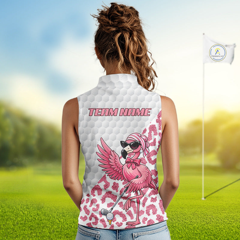 Pink Flamingo Golf Shirt For Women Sleeveless, Funny Leopard Patten Golf Polo Shirt, Ladies Golf Outfit For Team NHT732