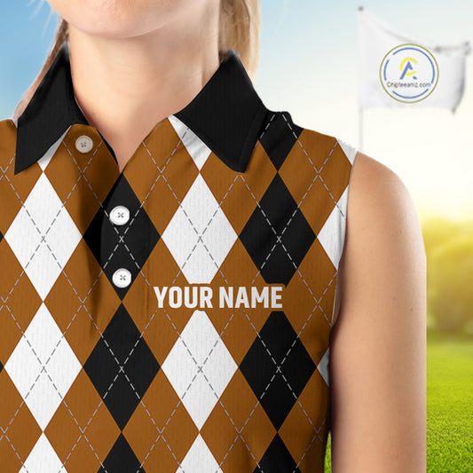 Women sleeveless polo shirt custom brown argyle plaid pattern golf attire for ladies NQS9848