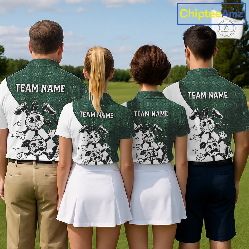 Green White Funny Golf Ball Pattern Womens Golf Polo Shirts Custom Golf Outfits Ladies, Green Golf Tops NHT784