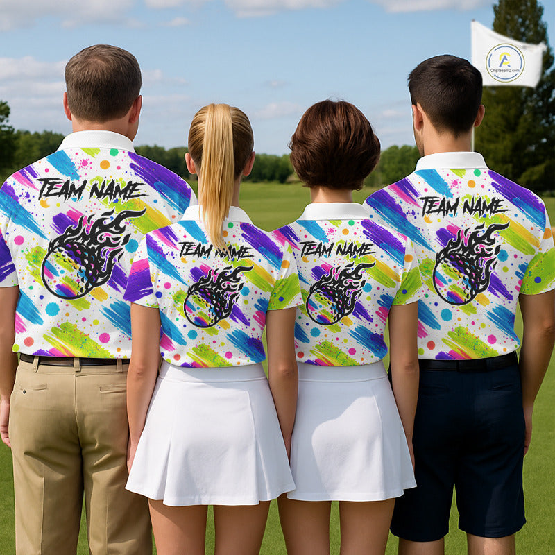 Personalized Colorful Paint Stroke Womens Golf Polo Shirt Flaming Golf Ball Custom Best Team Golf Shirts NHT624