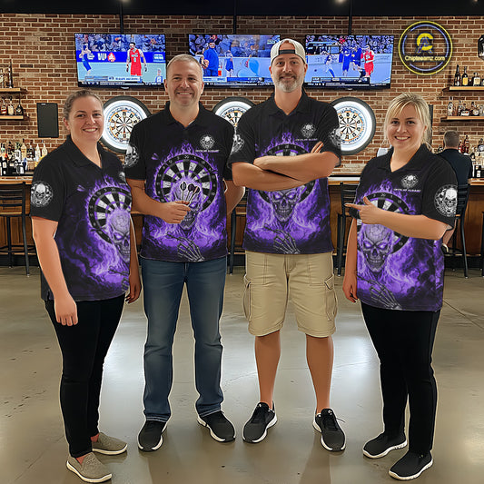 Black Purple Flaming Skeleton Darts Custom Men's Dart Quarter-Zip Shirts Team Dart League Jerseys NYN2074