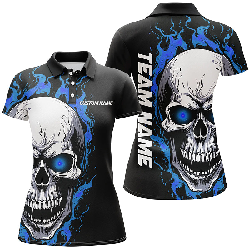Blue Flame Skull Sport Jerseys, Custom Team Bowling Polo Shirts For Women, Bowler Outfits IPHW5274
