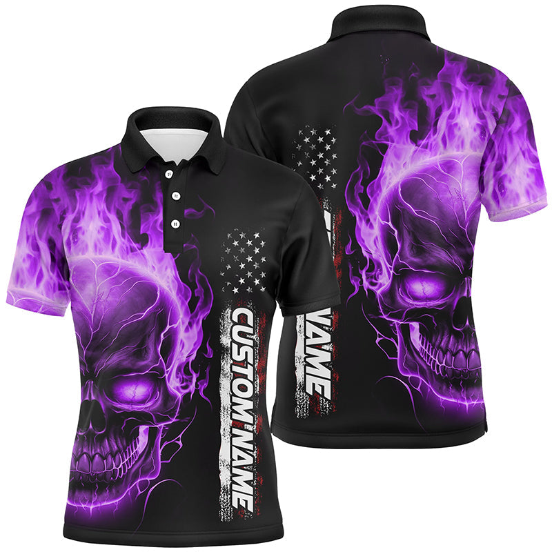 Purple Flame Skull Custom Bowling Polo Shirts For Men And Women, American Bowling Team Jerseys IPHW5276