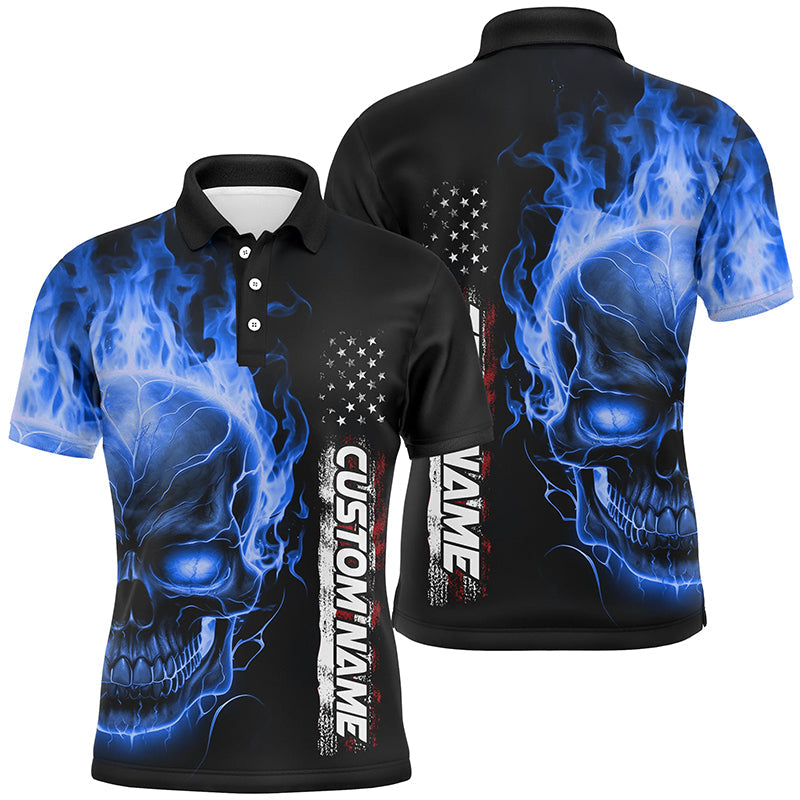 Blue Flame Skull Custom Bowling Polo Shirts For Men And Women, American Bowling Team Jerseys IPHW5277