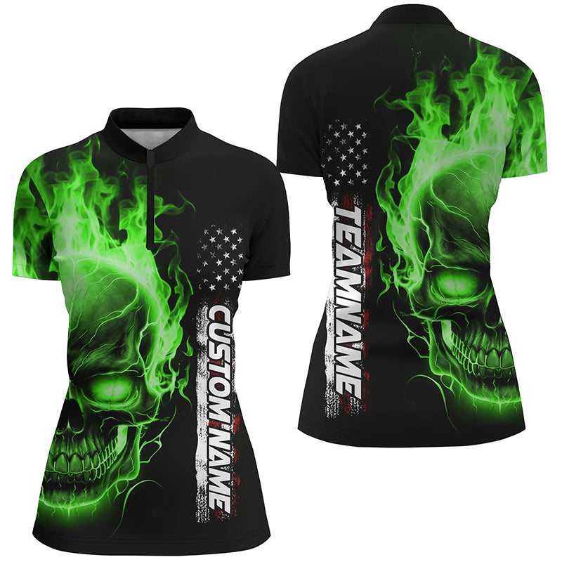 Green Flame Skull Custom Bowling 1/4 Zip Shirts For Women, American Bowling Team Jerseys IPHW5278