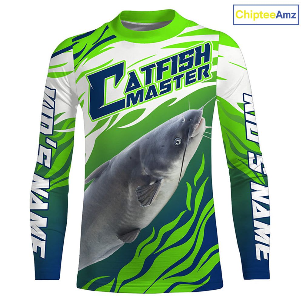River Blue Catfish Custom Long Sleeve Fishing Shirts, Catfish Tournament Fishing apparel | green IPHW3624