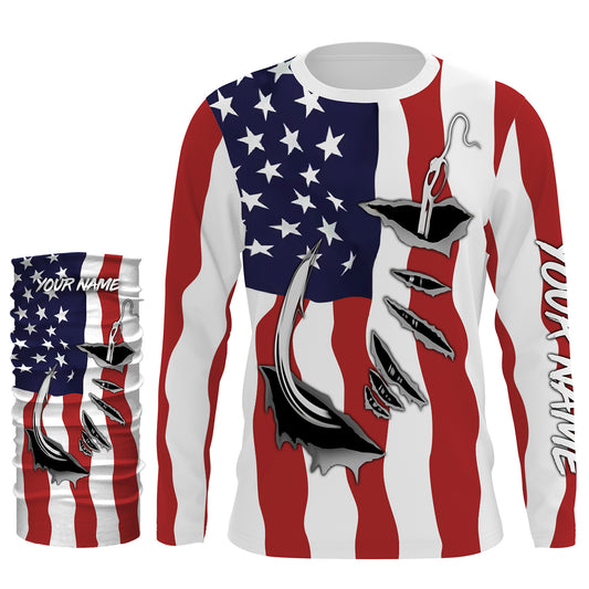 American Flag Patriotic Fish hook Custom Long sleeve Shirts, 4th of July Fishing tournament Shirts - IPH1900