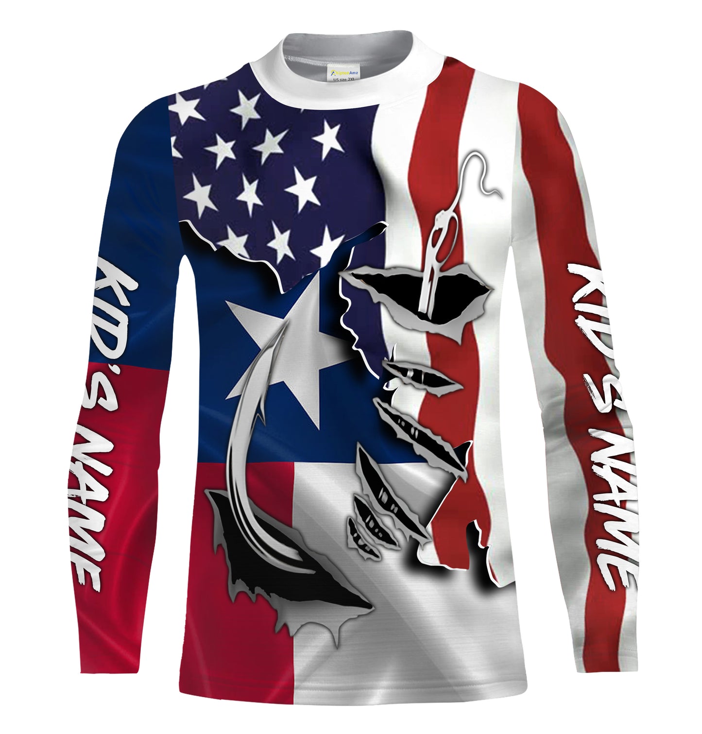 American Texas Flag Fish hook Custom UV Long Sleeve Fishing Shirts for men, women and kids, Patriotic Fishing gifts - IPHW814
