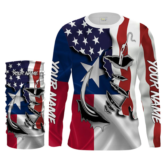 American Texas Flag Fish hook Custom UV Long Sleeve Fishing Shirts for men, women and kids, Patriotic Fishing gifts - IPHW814