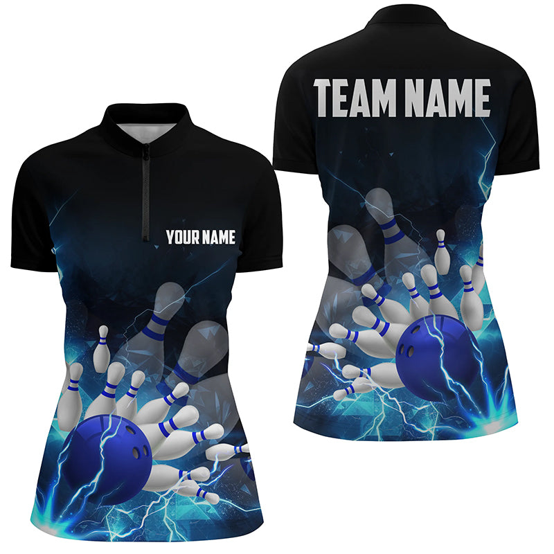 Blue Thunder Lightning Custom Bowling Quarter Zip Shirts For Men Team Name Bowling Jerseys IPHW5318