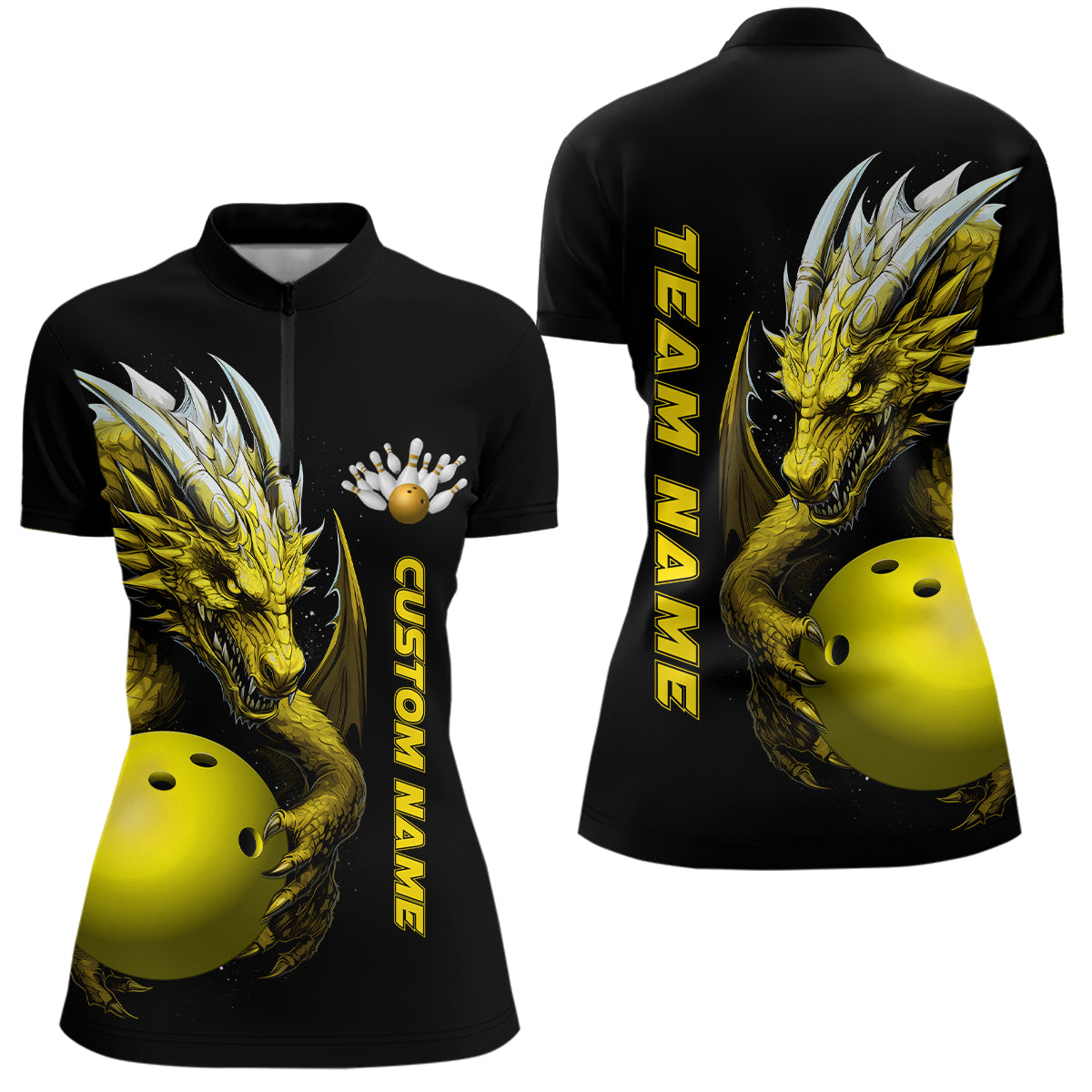 Custom Yellow Dragon Women Bowling Quarter-Zip Shirts Team Bowling Jerseys For Bowler IPHW5297