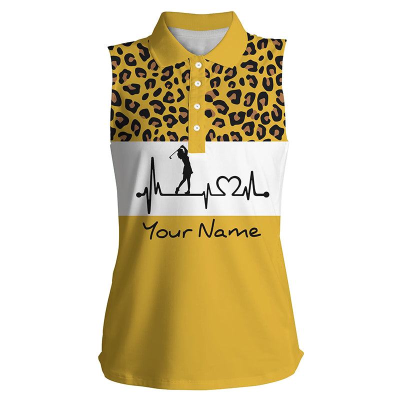 Women's sleeveless golf polo shirt golf heartbeat custom leopard golf shirt, golfing gifts for women NQS4960