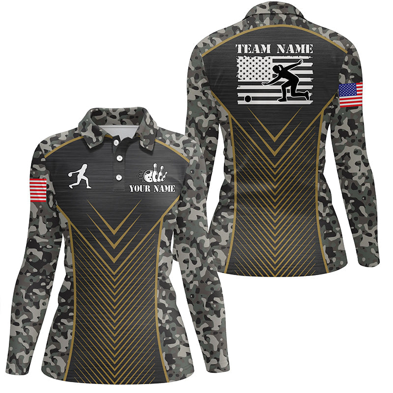 Womens Bowling Polo Shirts Custom camo American flag team League Womens Jerseys NQS6702