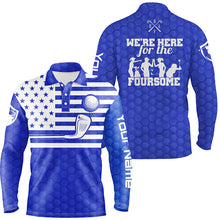Load image into Gallery viewer, Blue white American flag mens golf polo shirts custom name we're here for the foursome golf gifts NQS5089