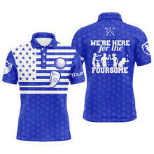 Load image into Gallery viewer, Blue white American flag mens golf polo shirts custom name we're here for the foursome golf gifts NQS5089