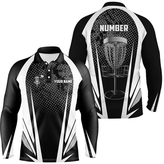 Mens disc golf polo shirt custom name, number black white disc golf jersey, mens disc golf apparel NQS6309