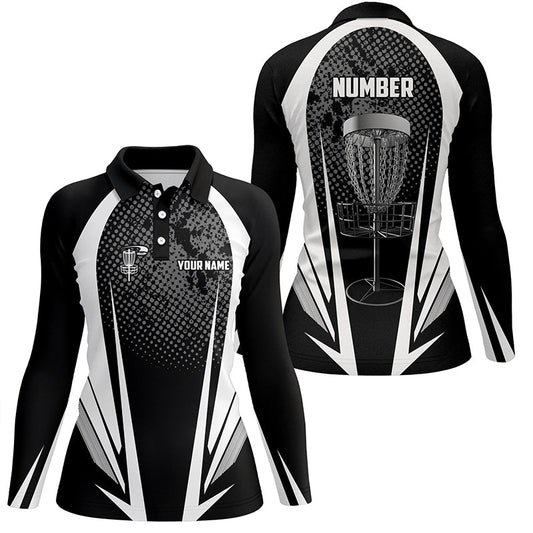 Womens disc golf polo shirt custom name, number black white disc golf jersey, womens disc golf apparel NQS6309