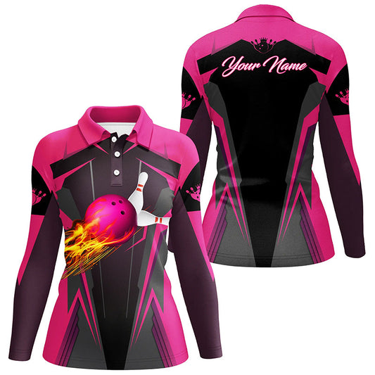 Personalized Women polo Shirt Flame Bowling Ball Pins, bowling jerseys for bowlers | Pink NQS7014