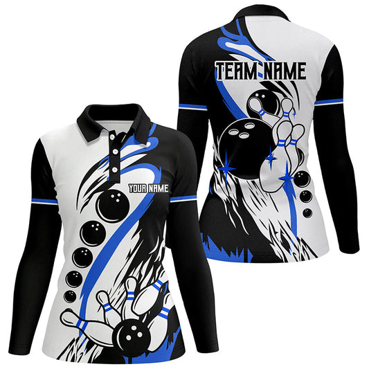 Black and white retro bowling league jerseys custom Women Bowling Polo Shirts, gifts for bowler | Blue NQS7154