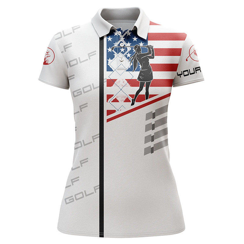 Womens golf polo shirt American flag patriotic golf shirts custom name golf gifts for women | White NQS3945