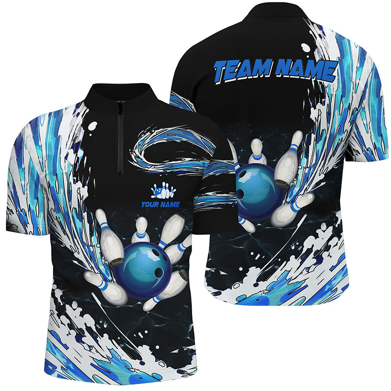 Blue Bowling mens Quarter Zip Shirts Custom bowling ball pins black bowling team league Jerseys NQS6461
