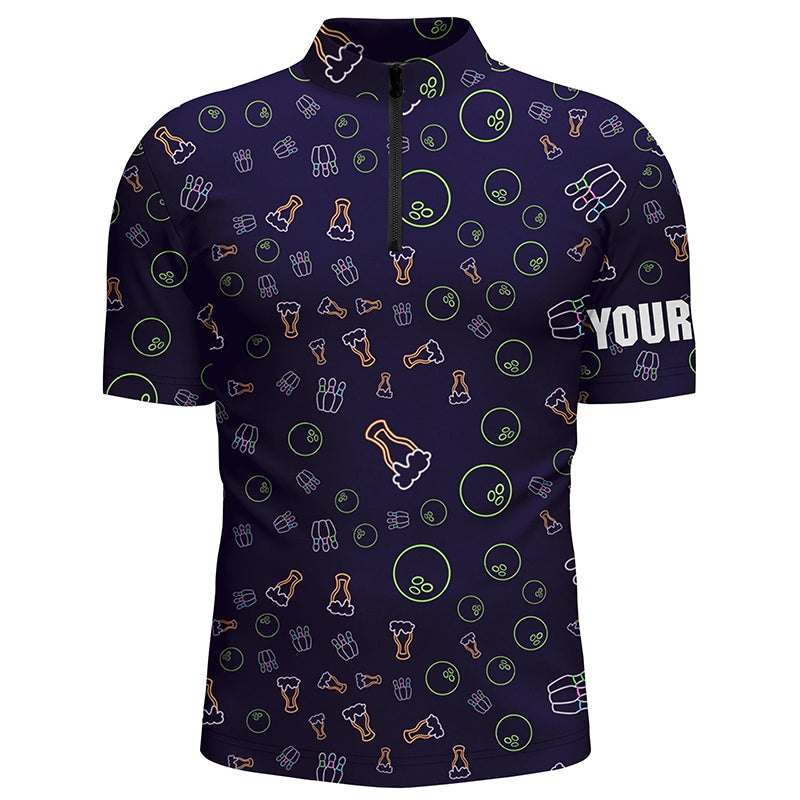 Neon beer glowing Bowling pattern Custom Mens bowling Quarter Zip shirt, bowling team league jerseys NQS6763