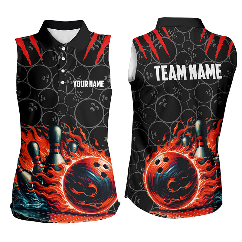 Women sleeveless polo shirts Custom black red flame bowling shirt, Bowling Jerseys gift for bowlers NQS7126