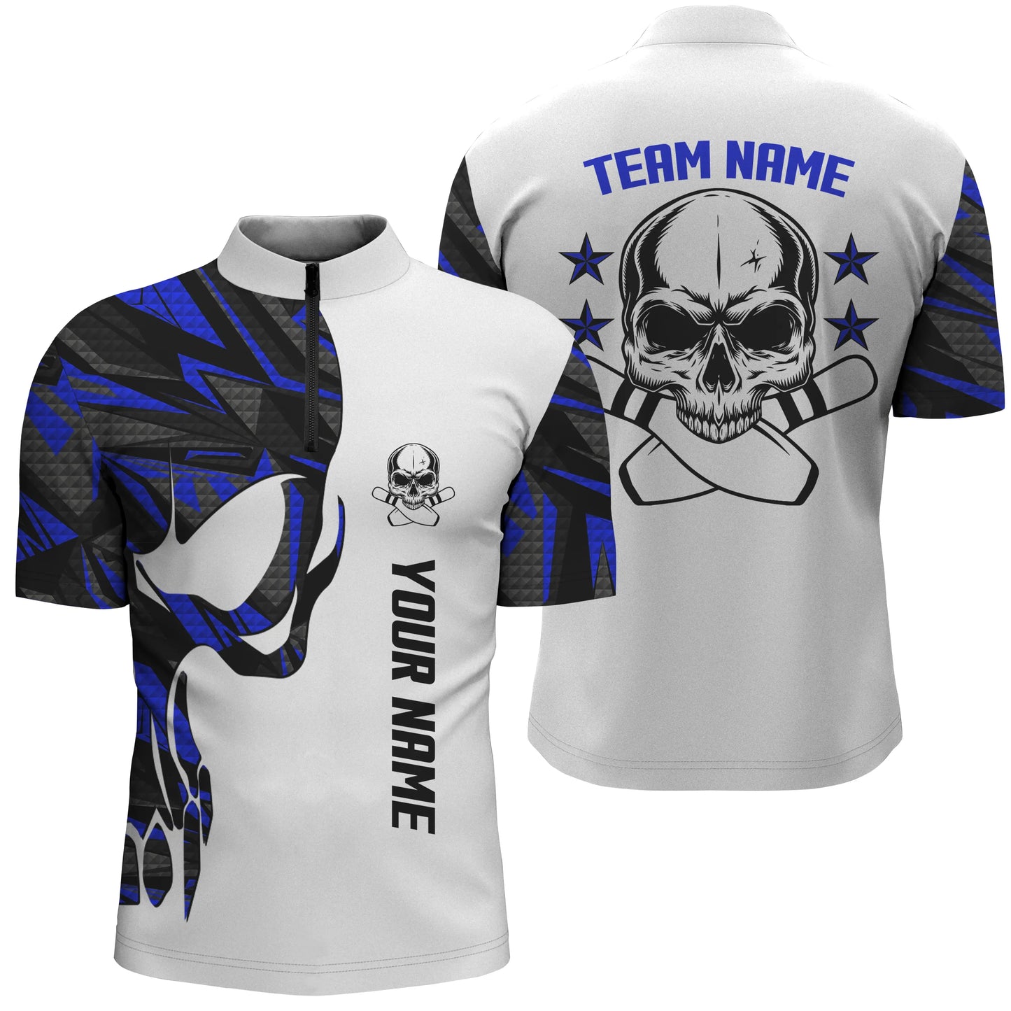 Custom Blue white bowling shirt for men – personalized team jersey front view