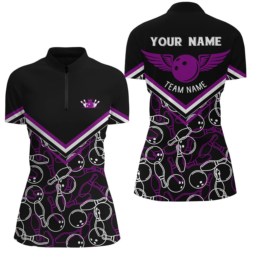 Personalized 3D bowling shirts for women, Custom black purple Quarter Zip Bowling Shirts for Girls NQS6441