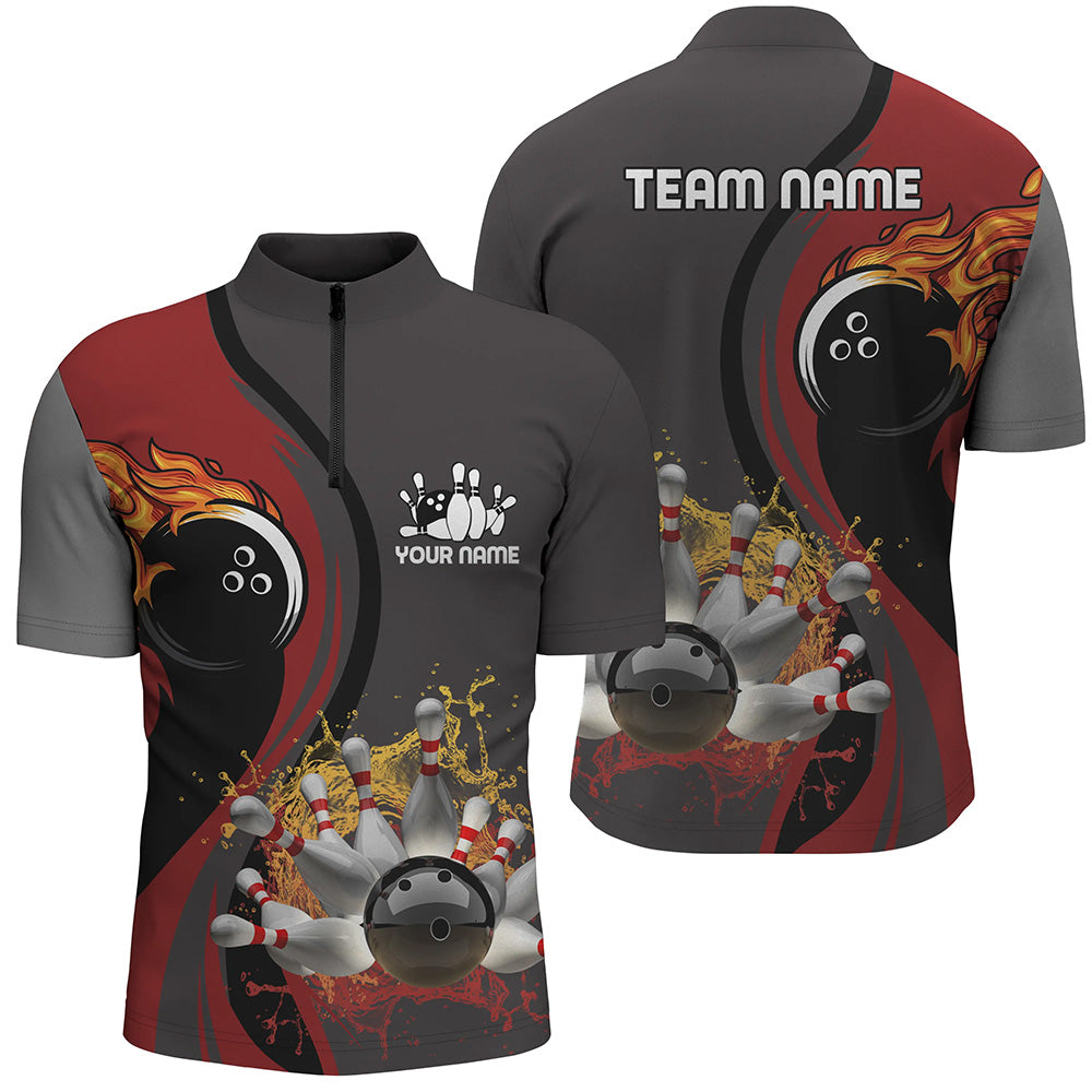 Mens Bowling Quarter Zip Shirt Custom flame bowling ball pins Bowler Jerseys for mens | Red NQS6448