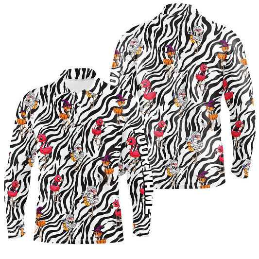 Halloween flamingo Mens golf polos shirts custom black and white zebra pattern golf tees for mens NQS6465