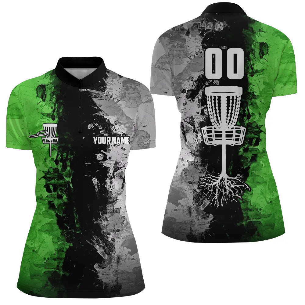 Custom name and number Disc Golf basket Womens Quarter Zip shirts, disc golf tops for women | Green NQS6471