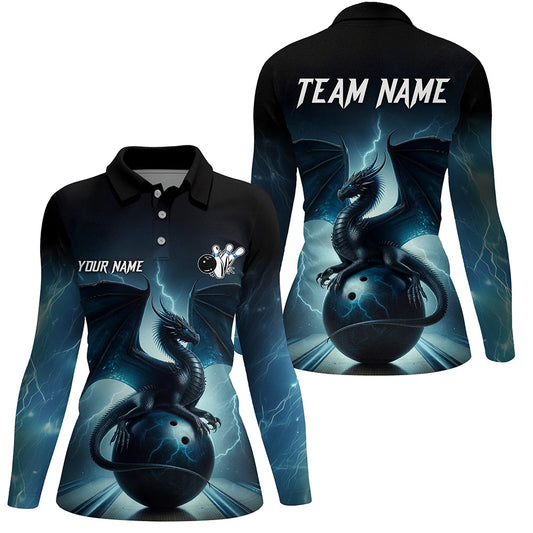 Dark Blue Lightning Thunder Custom Dragon Women bowling polo shirts, Team Bowling League Jerseys NQS7228